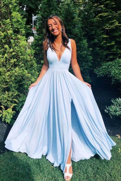 Deep V Neck Light Blue Elegant Red Ball Gown Prom Dress - Bridelily