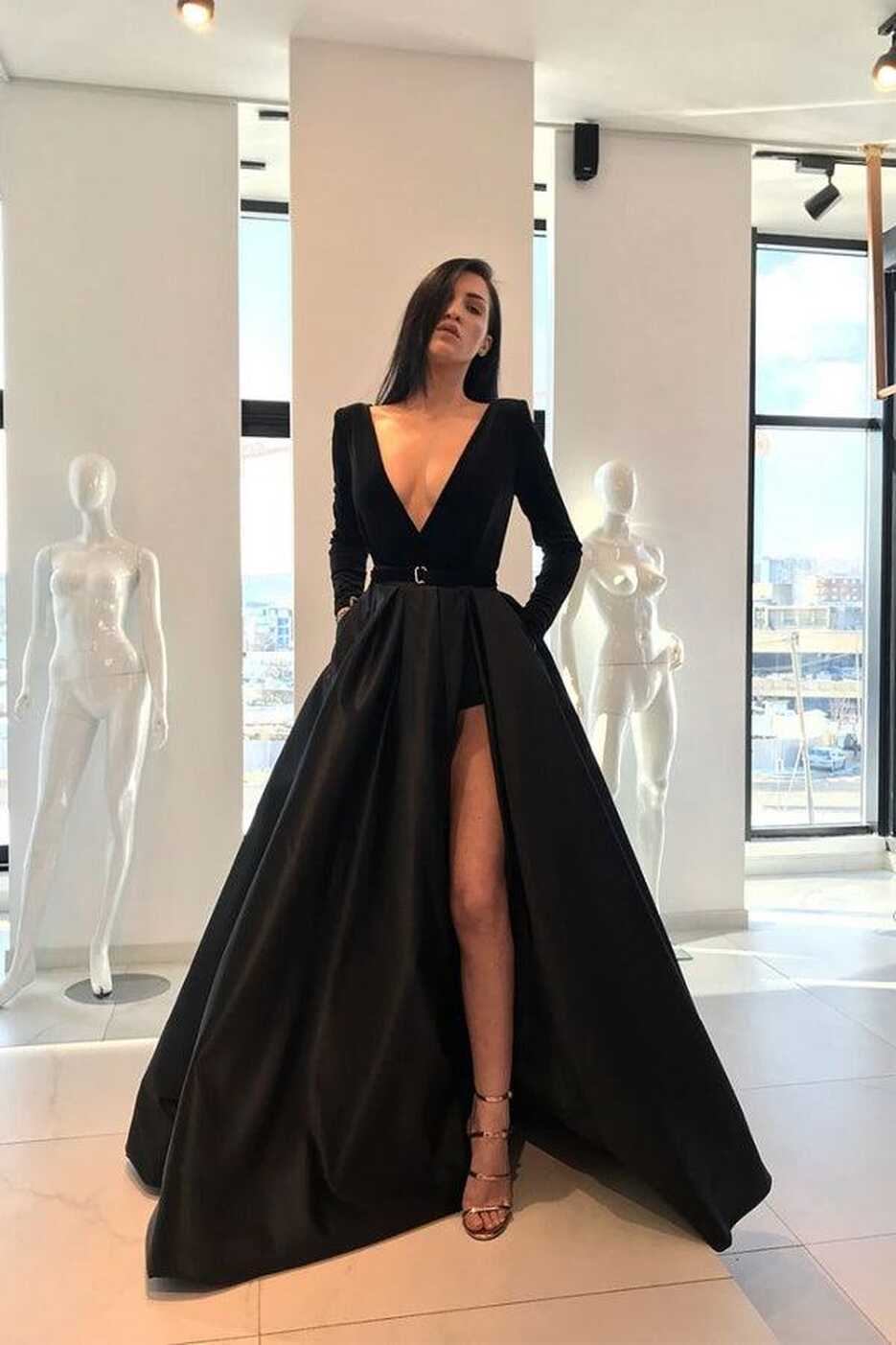 Deep V Neck Long Sleeves Burgundy Floor-Length Prom/Evening Dress ...