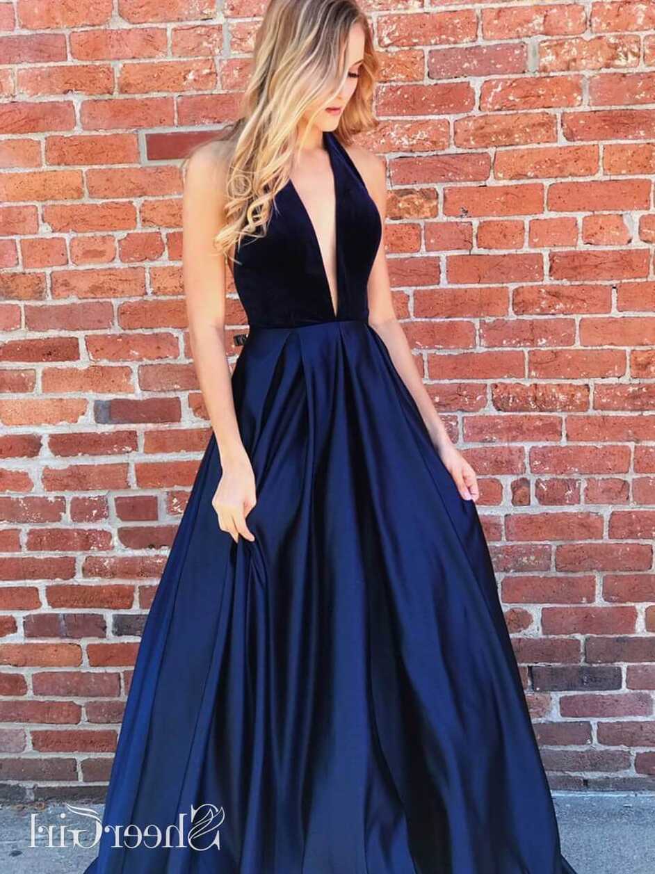 Deep V Neck Navy Blue Long Prom Dresses Sexy Backless Formal Dress ...