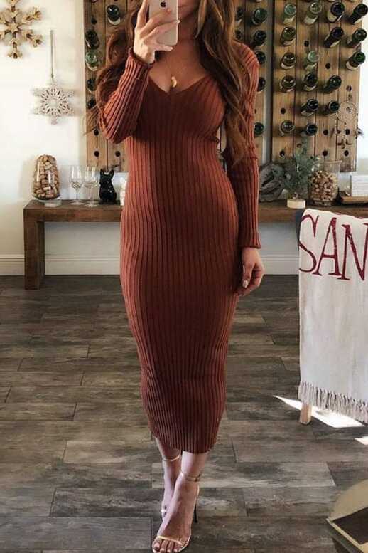 Deep V Neck Plain Long Sleeve Maxi Dresses