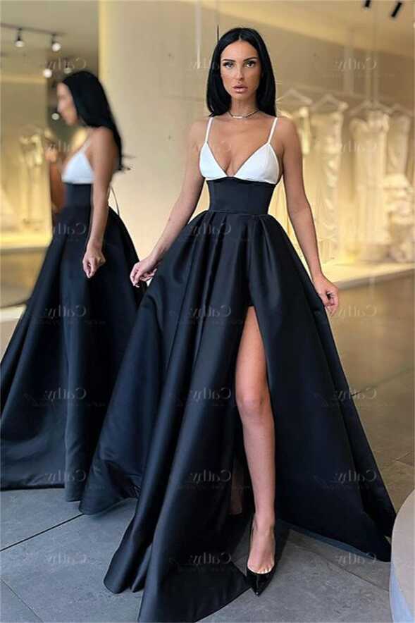 Deep V Neck Satin A Line Party Dress Elegant Black Floor Length ...