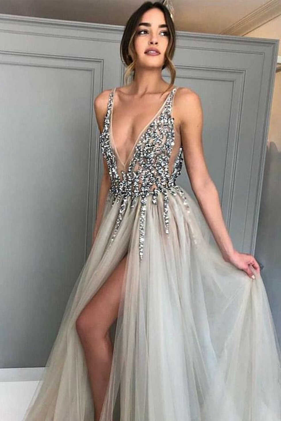 Deep V Neck Split Grey Sexy Evening Dress with Beading JTA3651