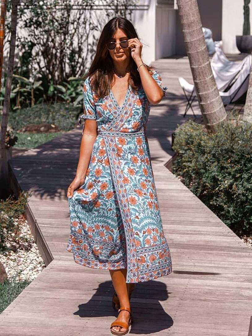 Deep V Neck Wrap Gypsy Boho Dress - ChicBohoStyle – Chic Boho Style