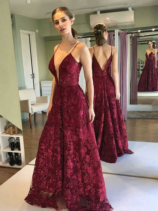 Deep V Neck and V Back Burgundy Lace Long Prom Dresses, Open Back ...