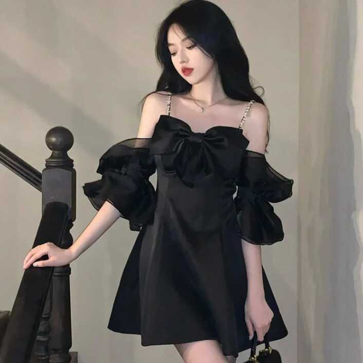 Deeptown Fairycore Korean Style Black Cabaret Dress Women Y2k Off ...