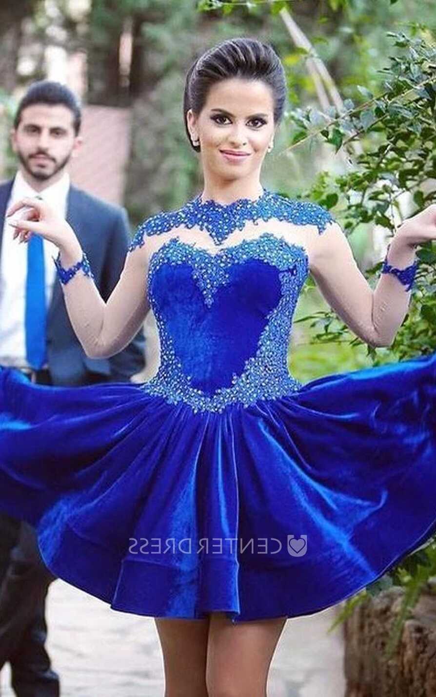 Delicate Long Sleeve Royal Blue Short Homecoming Dress Appliques ...