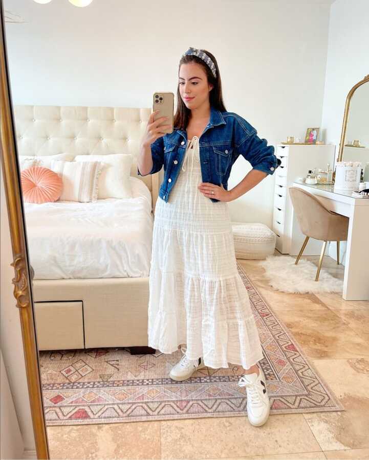 Denim jacket and white dress outfit