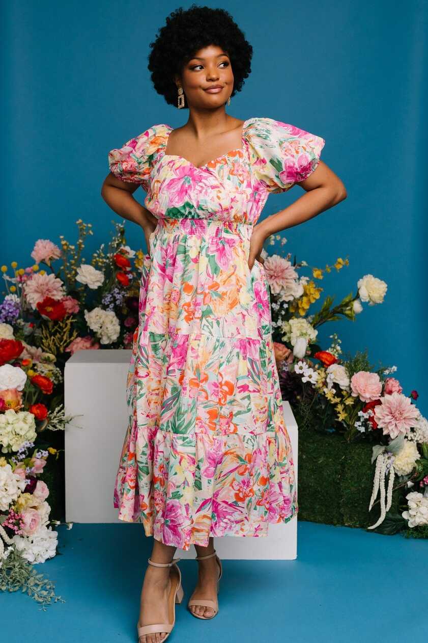 Denzel Puff Sleeve Midi Dress | Multi Floral | Baltic Born