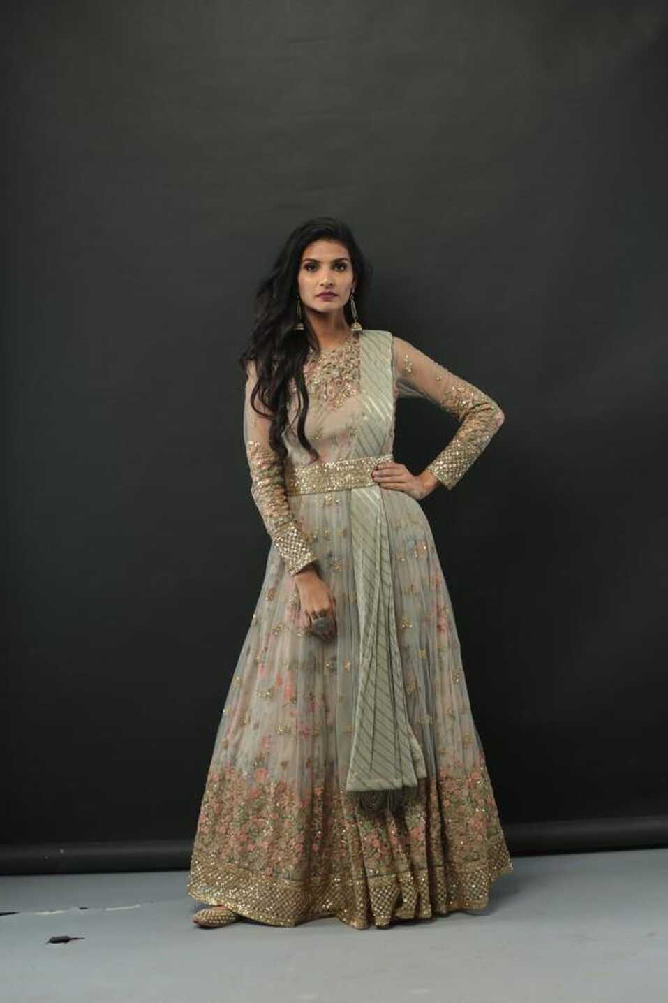 Designer Baksah&#39;s Grey Embellished Print Georgette Anarkali - Rent