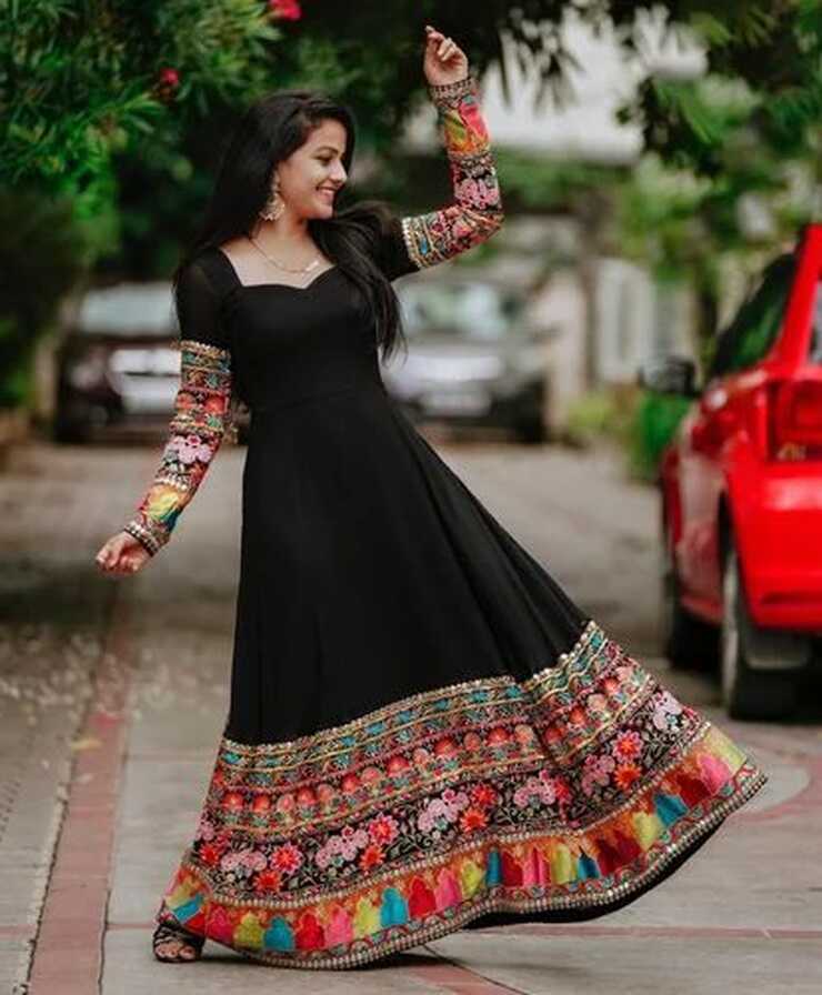 Designer Black Multi Color Thread Work Ready Made Georgette Gown ...