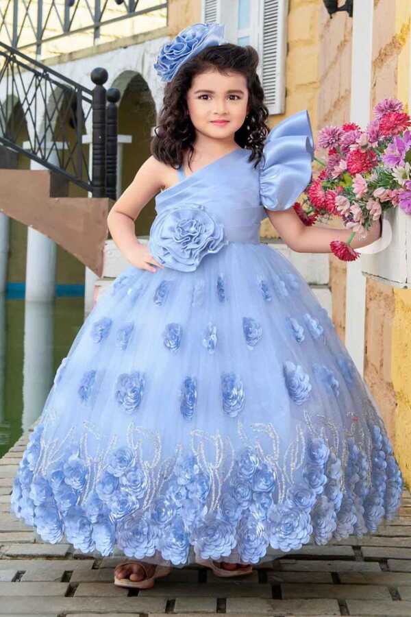 Designer Blue Net Gown With Floral Embellishment For Girls ...