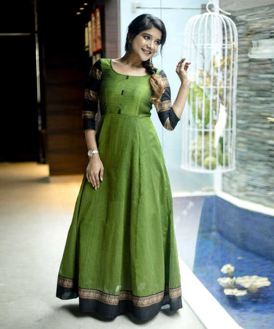 Designer Green Colored Party Wear Readymade Cotton Gown