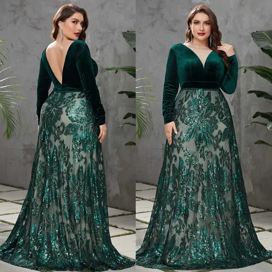 Designer Lace Plus Size Evening Dresses Sheer V Neck Long Sleeves ...