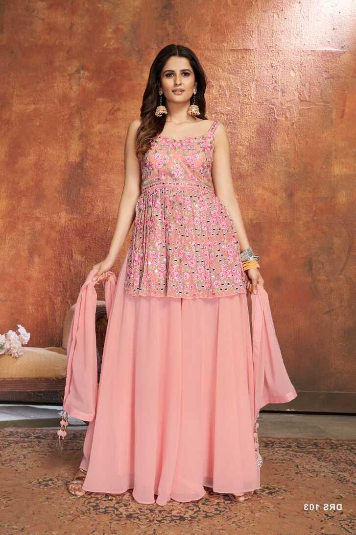 Designer Light Pink Dress With Floral Embroidery - Rent