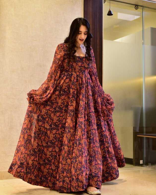 Designer Long Ruffle Dress With Floral Print – Joshindia