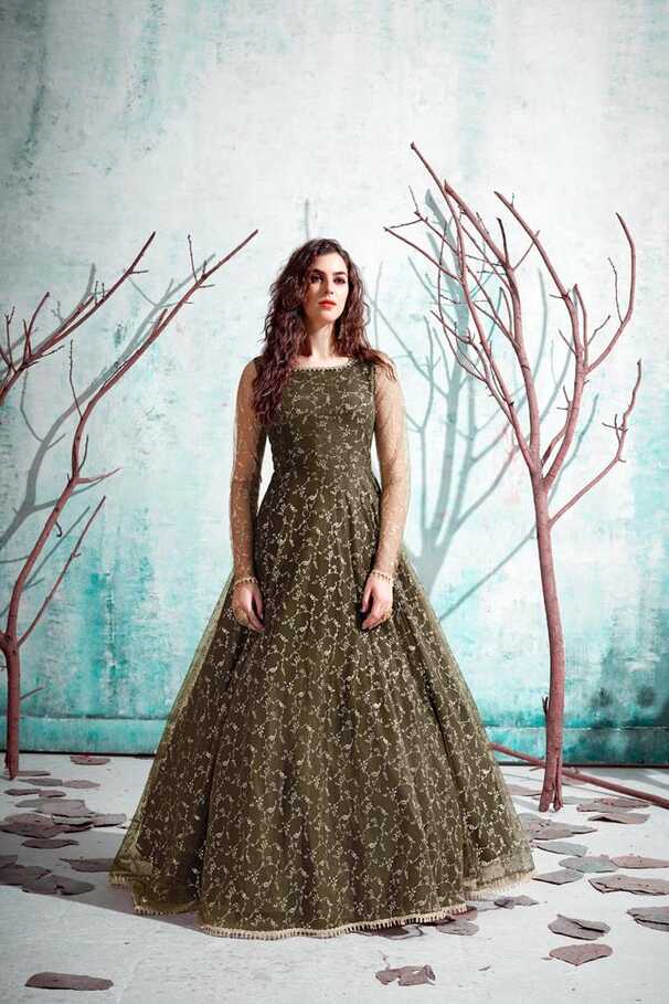 Designer Party Wear Net Gown With Metallic Foil Work – Cygnus Fashion