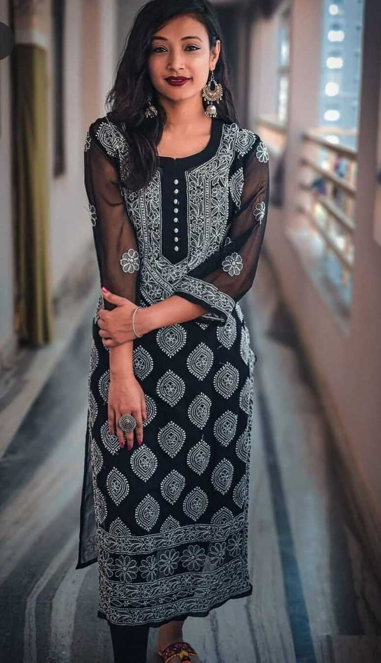 Designer black net Chikankari kurti with white detailing| latest ...