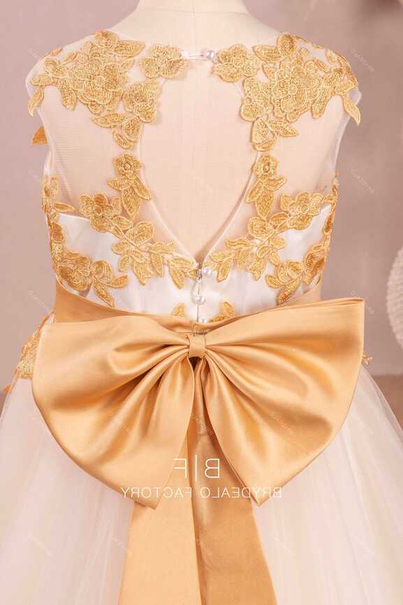 Detachable Knot Gold Lace A-Line Flower Girl Dress