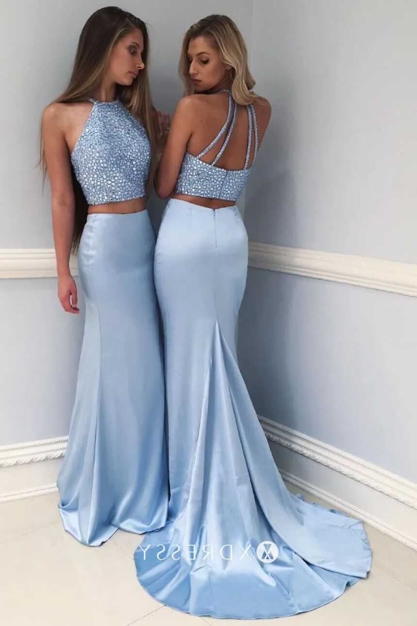 Diamond &amp; Satin Two-piece Ice Blue Cute Prom Dress - Xdressy