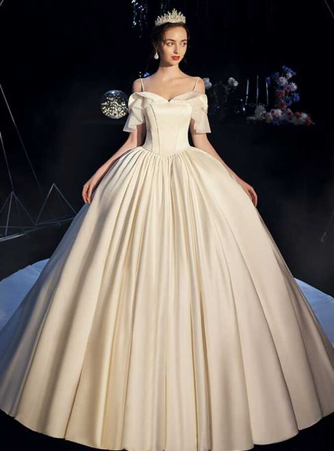 Discount Price $319 Simple Ball Gown Beige White Satin Spaghetti ...