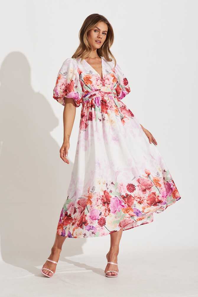 Divine Maxi Dress In White With Pink Multi Floral Print – St Frock