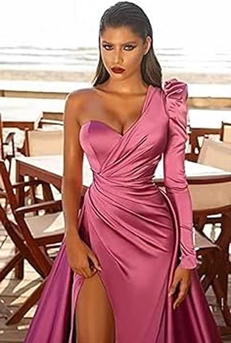 Dolinecy Women&#39;s Long Sleeve One Shoulder Prom Dress Satin Formal ...