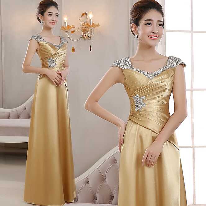 Double Shoulder V-neck Evening Dresses Gold Color Plus Size ...