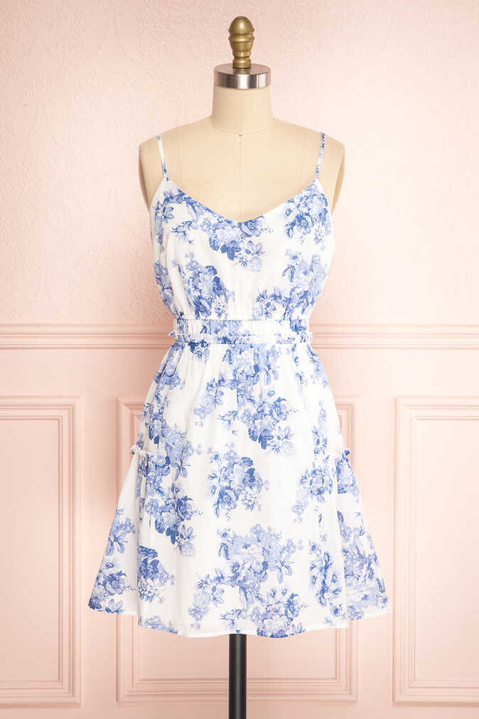 Draba Floral Blue &amp; White A-Line Short Dress | Boutique 1861