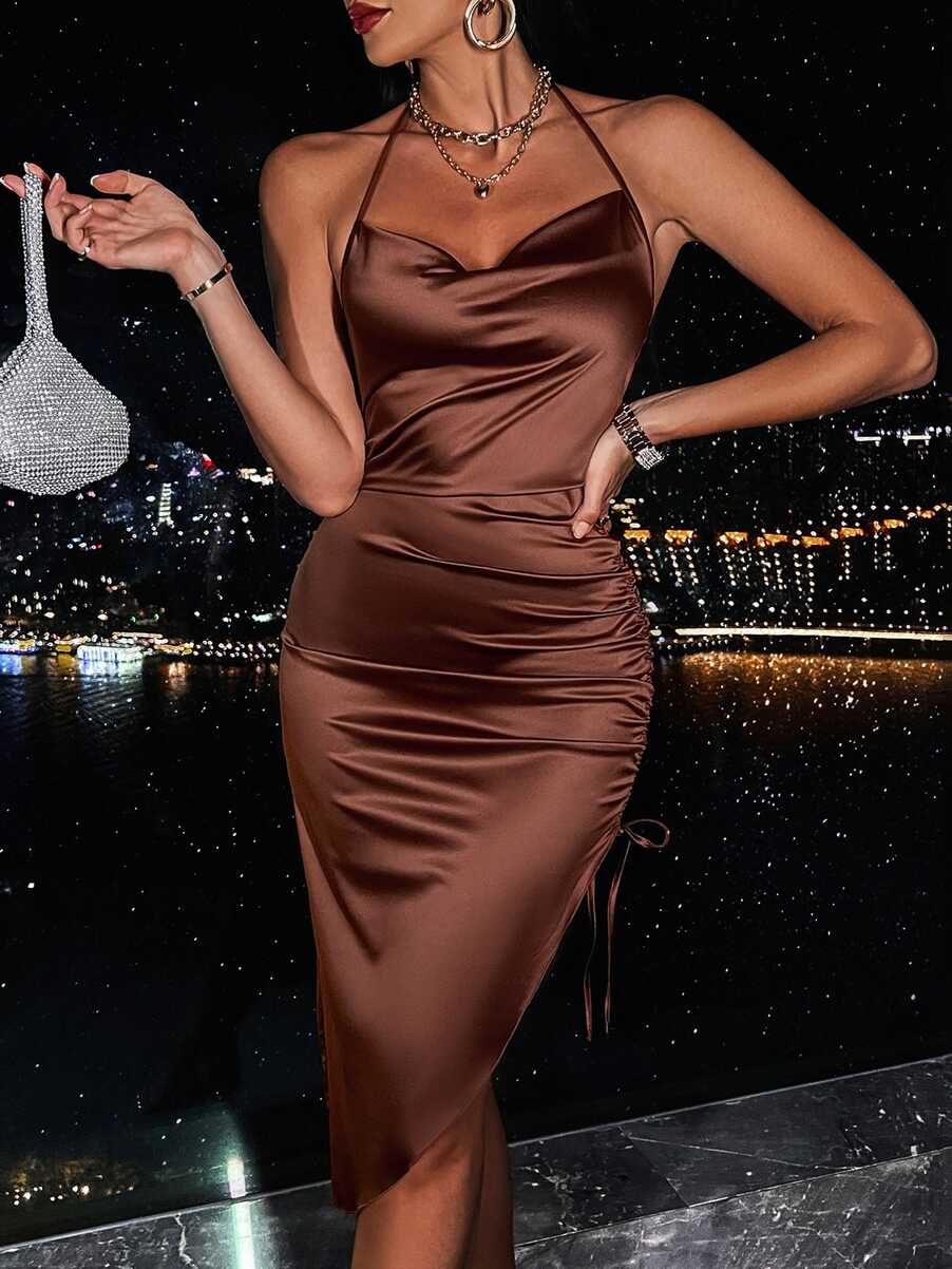 Draped Drawstring Side Backless Satin Halter Dress