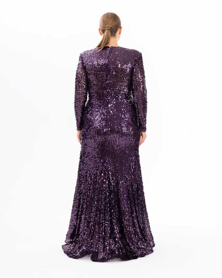 Draped Long Sleeve Sequin Evening Dress - Ilmio