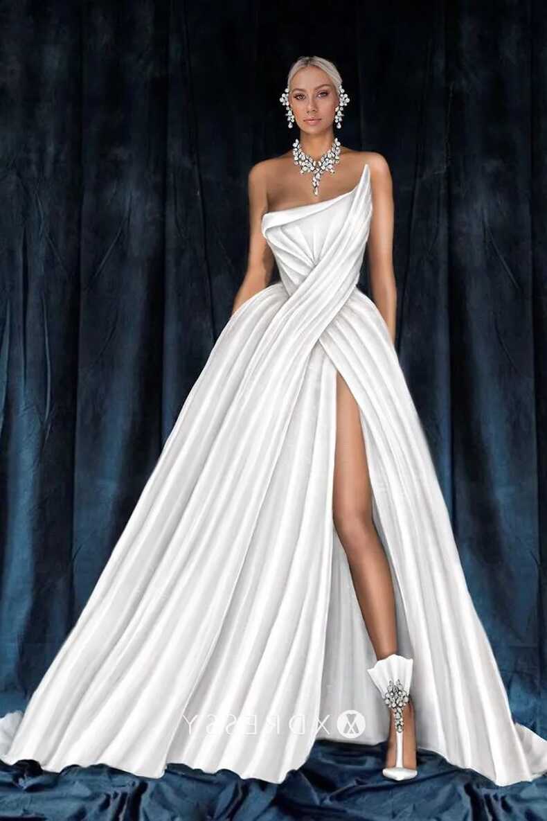 Draped White Asymmetrical Designer Evening Gown - Xdressy