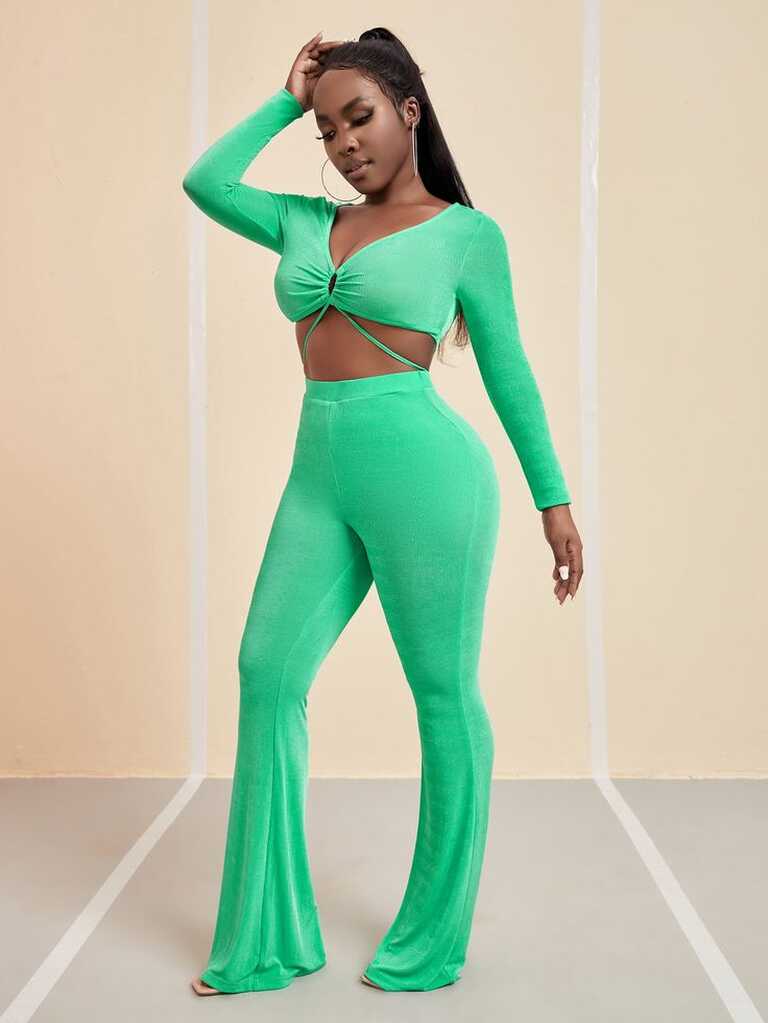 Drawstring Knot Crop Top &amp; Flare Leg Trousers