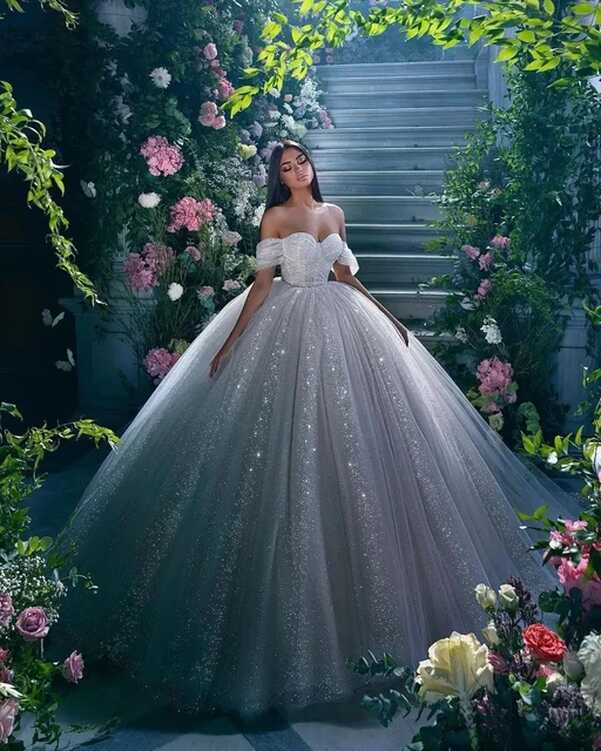 Dreamy Off Shoulder Wedding Ball Gown Tulle Sparkly Sweetheart ...