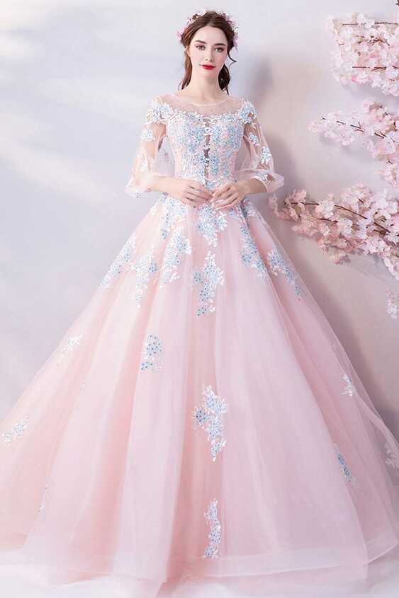 Dremy Princess Pink Ball Gown Formal Dress With Sleeves Sequins ...