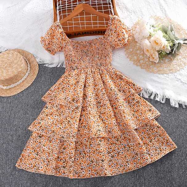 Dress Kids Girls 5-12 Years Orange Floral Elastic One-Shoulder ...