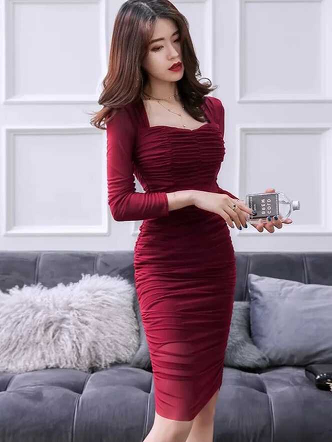 Dress Midi Bodycon Korean Fashion | Korean Fashion Dresses Mesh ...