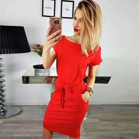 Dress Solid O-neck Short Sleeves Lacing Dresses Women Casual ...