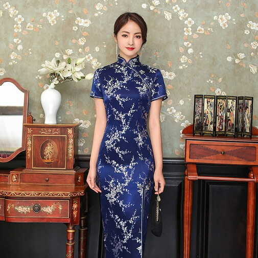 Dress Women Cheongsam Short Sleeve Front Split Vintage Long Dress ...