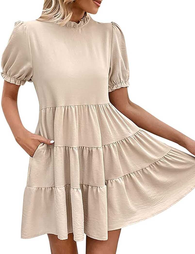 Dress for Women Casual O Neck Solid Color Elastic Short Sleeve ...