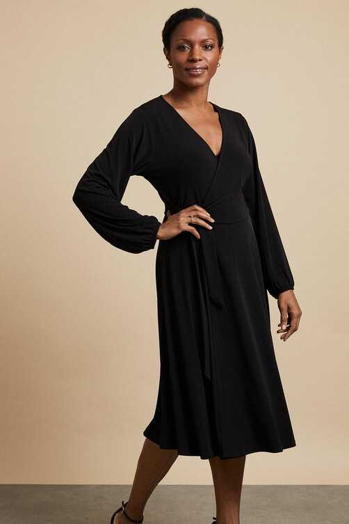 Dresses | Black Jersey Wrap Midi Dress | Wallis