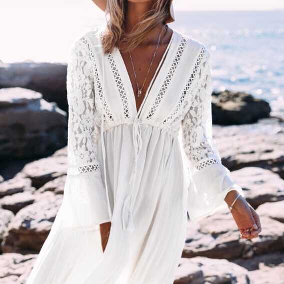 Dresses | Boho White Lace Tassel Tie V Neck Gypsy Dress | Poshmark