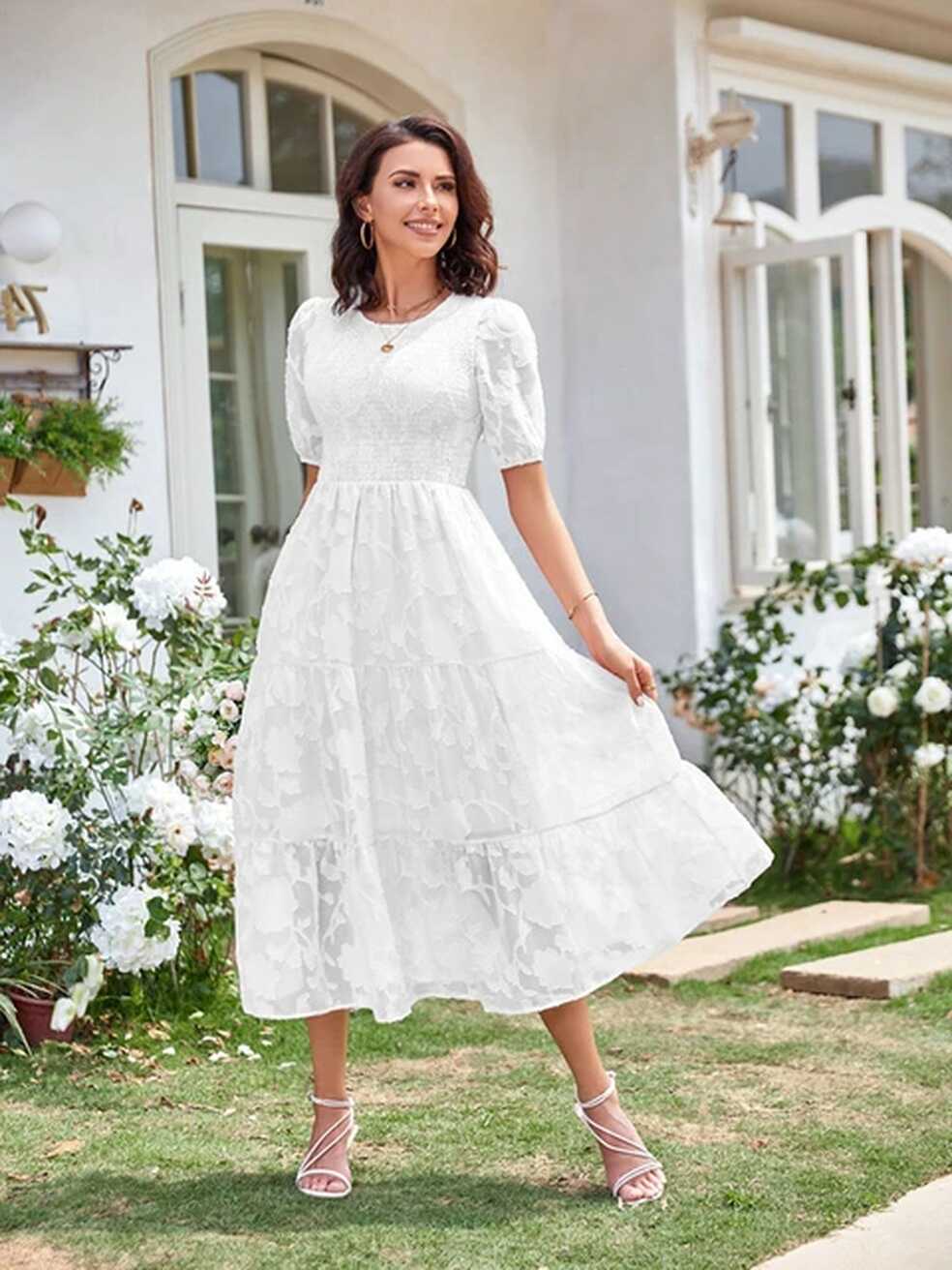 Dresses For Women Summer Outfits Plus Size Round Neck Pleated Puff ...