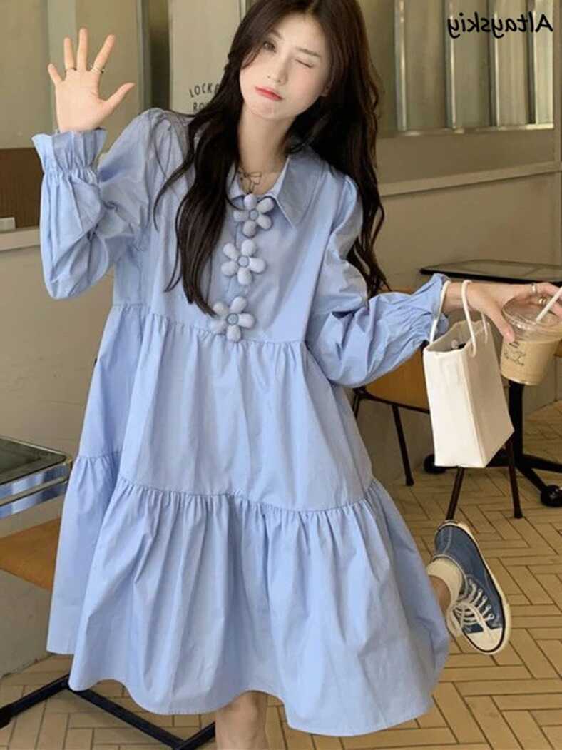 Dresses Women Knee-length Sweet Baggy Korean Style Casual Solid ...