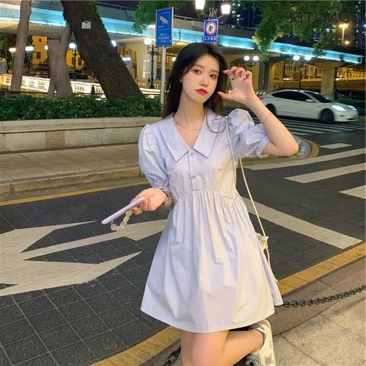 Dresses Women Preppy Sweet Simple Mini Summer Korean Style Puff ...