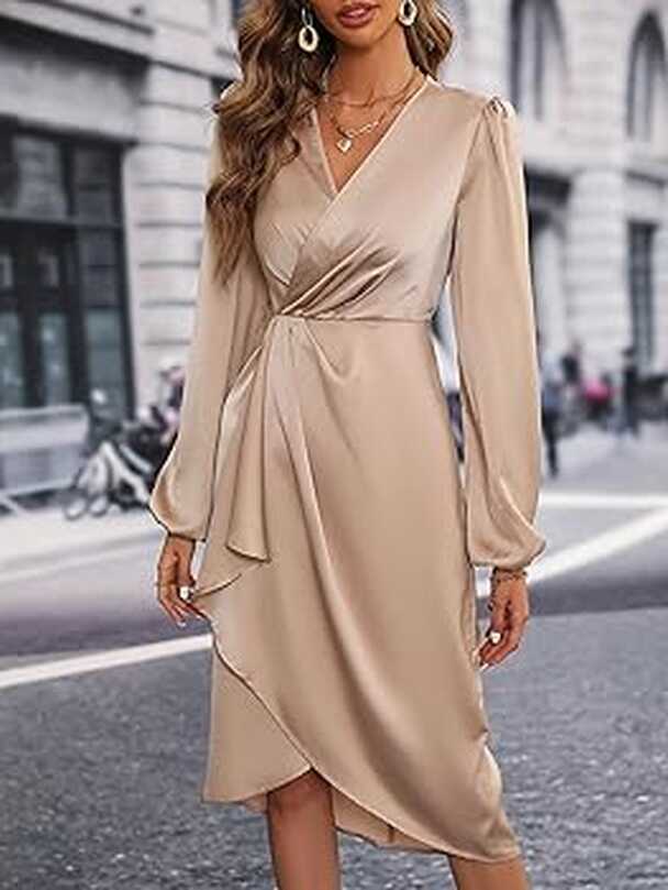 Dresses for Women - Lantern Sleeve Wrap Hem Satin Dress - Elegant ...