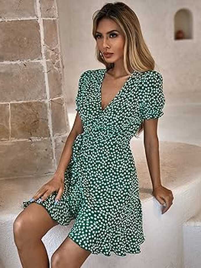 Dresses for Women 2023 Ruffle Hem Floral Wrap Short Dress V Neck ...