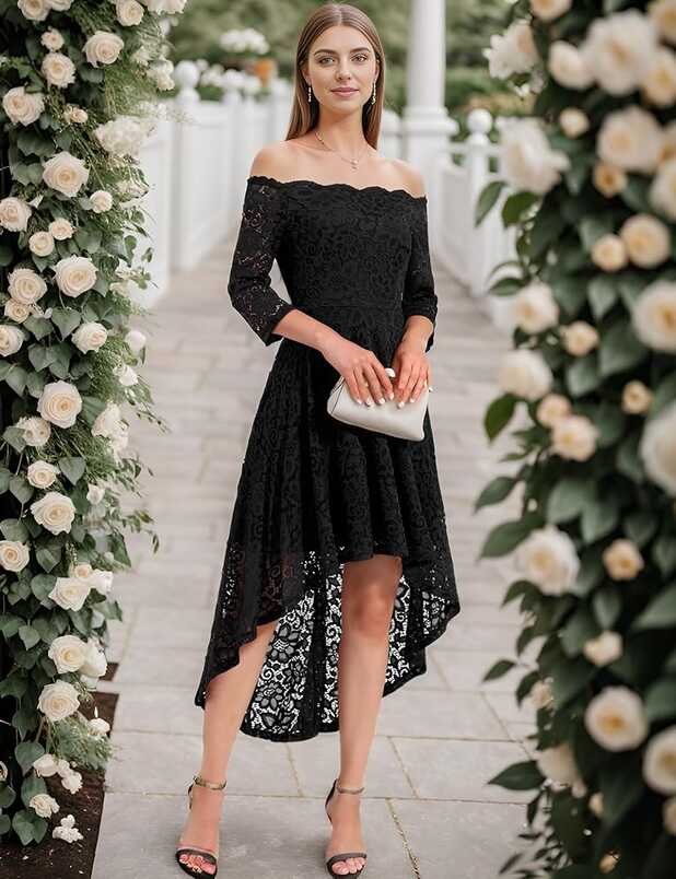 Dressystar Formal Dress Hi-Lo Off Shoulder 3/4 Sleeves Lace Church ...