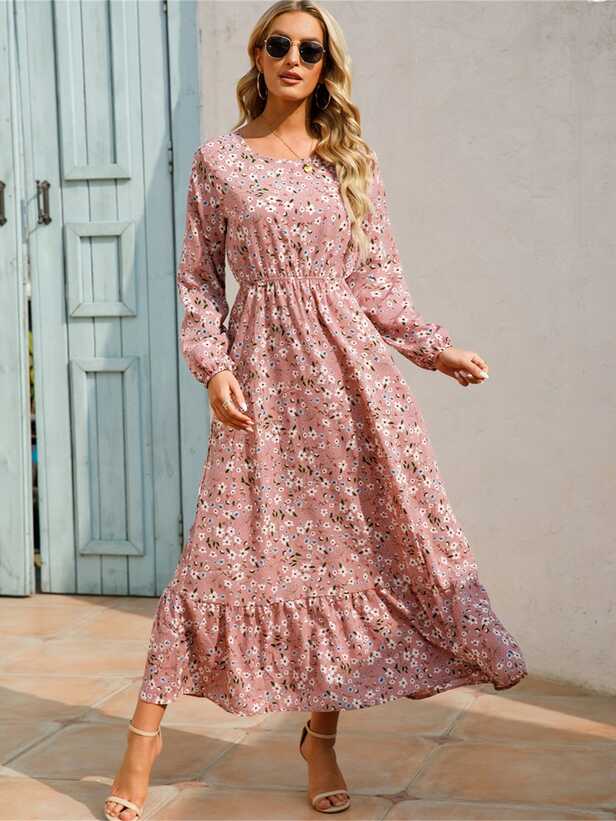 Dropship Bohemian Flowy Ruffle Long Dress; Casual Floral Print ...