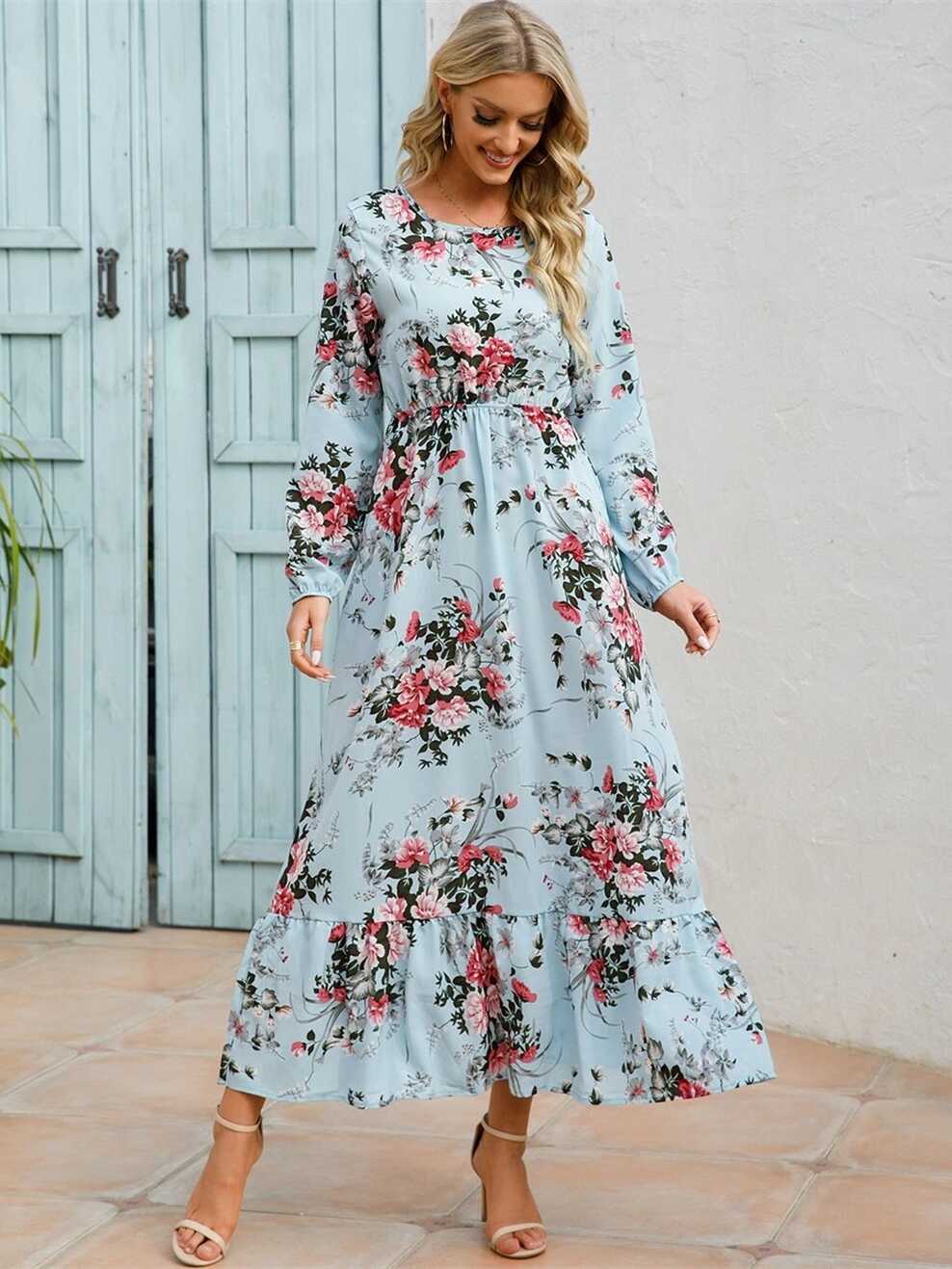 Dropship Floral Long Sleeve Maxi Dress; Long Sleeve Loose Crew ...