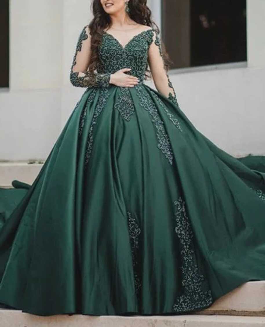 Dubai Emerald Green Lace Evening Dresses Princess Long Sleeves ...